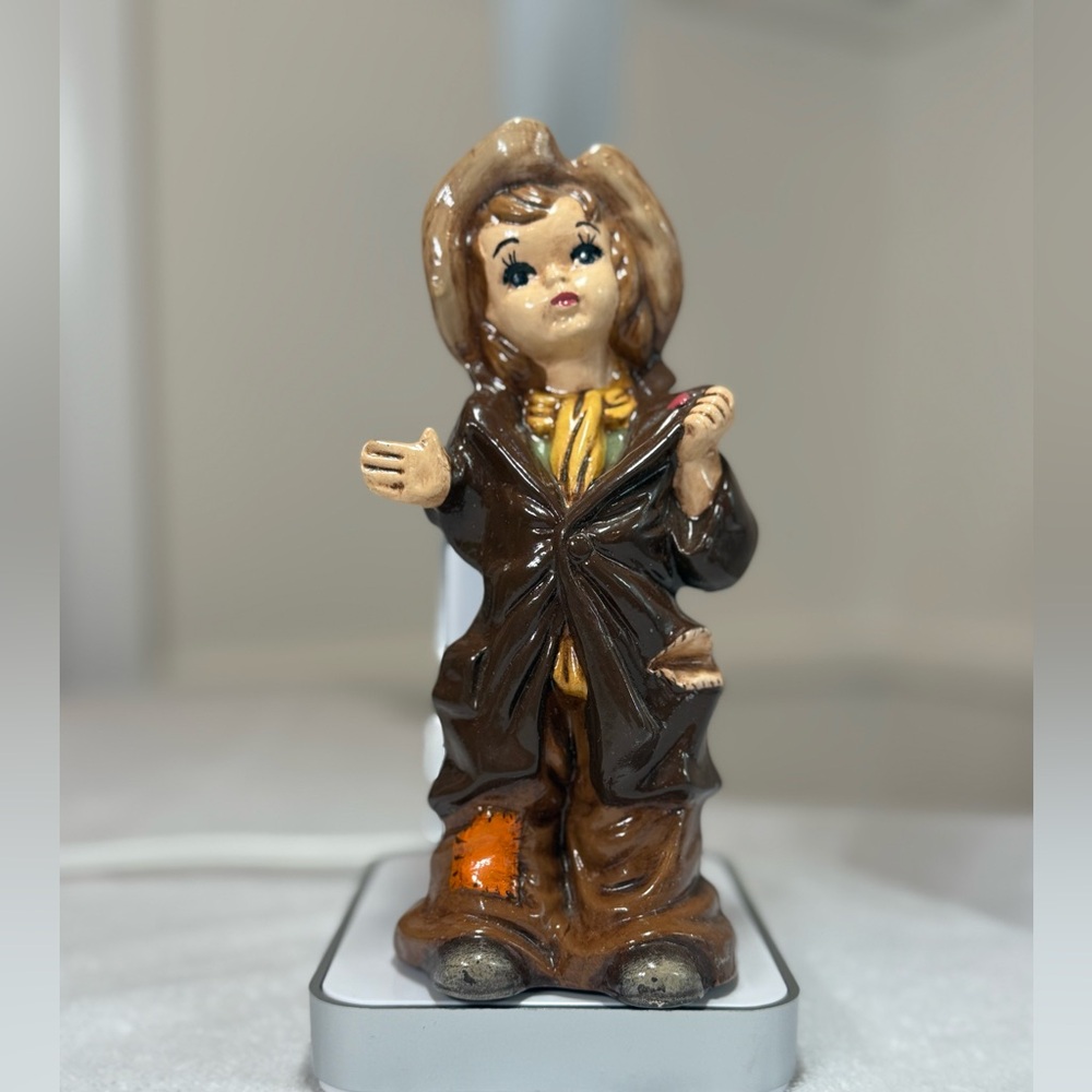 Mid-Century Girl/ Boy‎ Ceramic Figurine Slouching Pants Heart Collar Cottagecore